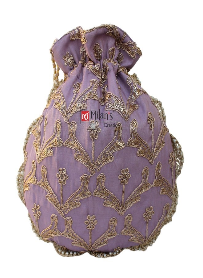 MILAN'S CREATION Fancy Potli Bag Golden Embroidery Shimmer Silk Designer Purse Drawstring Purse With Pearl Handle & Tassel | Ladies Women’s Handbag | Party Wedding Festival Giveaways Gift (Violet) - Image 3